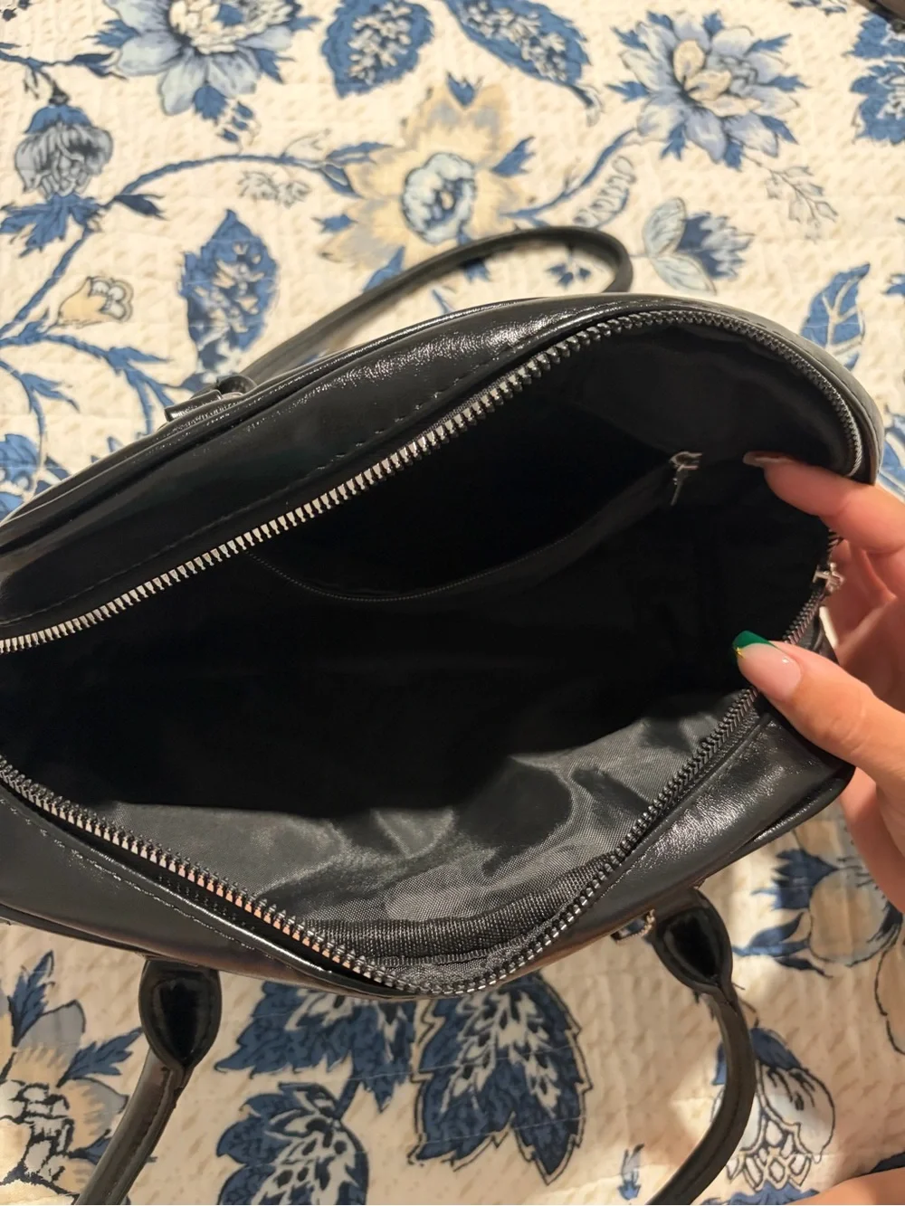 Patent Black Double-Pocket Shoulder Bag